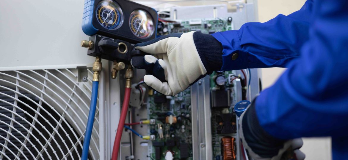 Close-up Air conditioner technician hand check  fill refrigerant liquid and maintenance condenser unit, Home care service